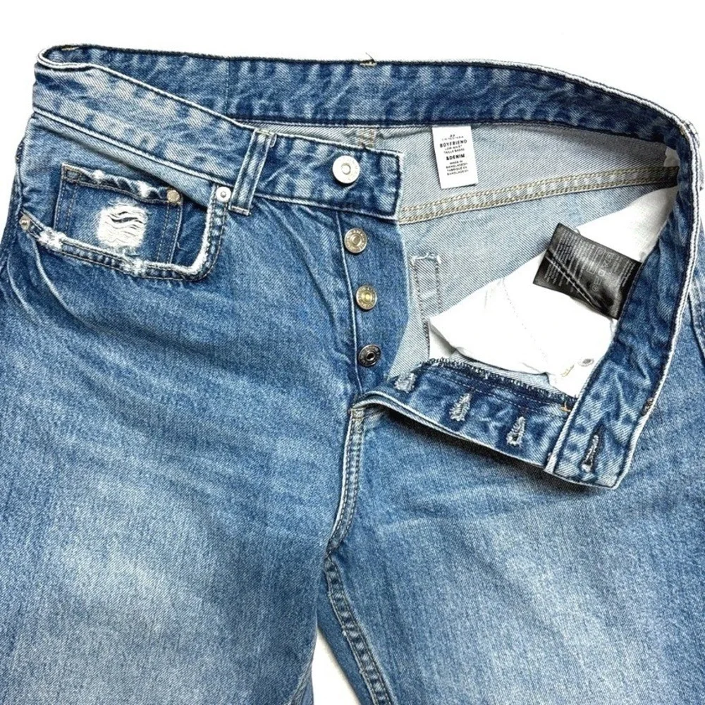 H&M &Denim Boyfriend Jeans‎ Blue Distressed Low Waist Button Fly Size 27